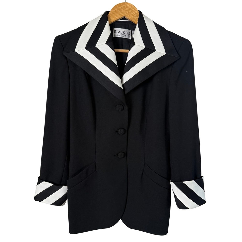 Vintage BlackTie Oleg Cassini Black‎ White Stripe Blazer Jacket Size 4